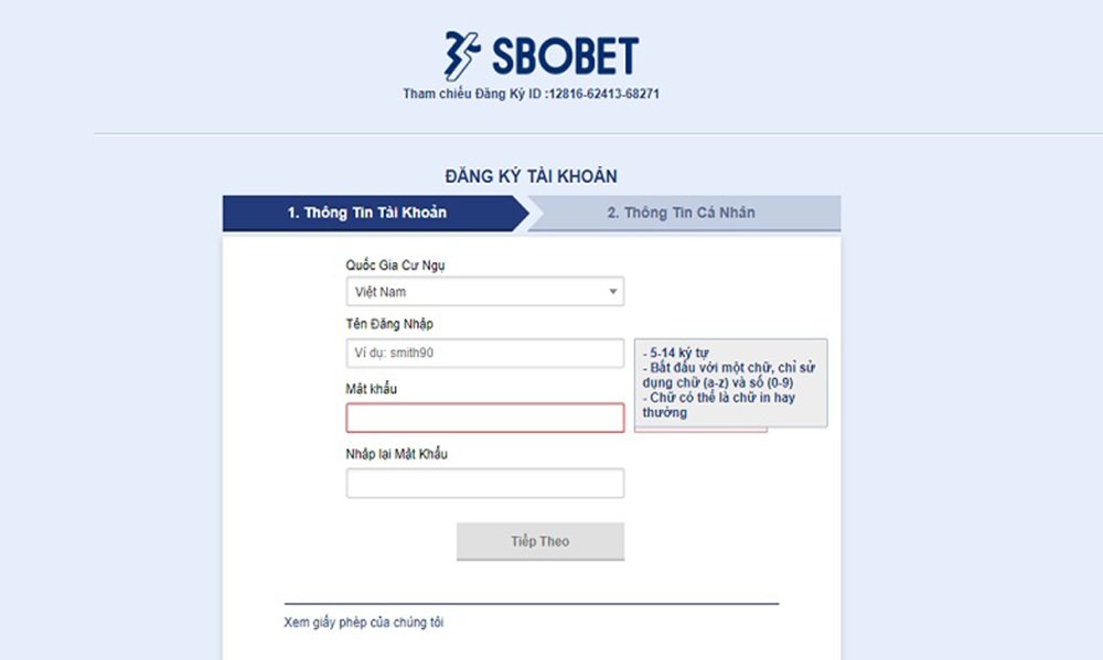 Form đăng ký tài khoản SBOBET